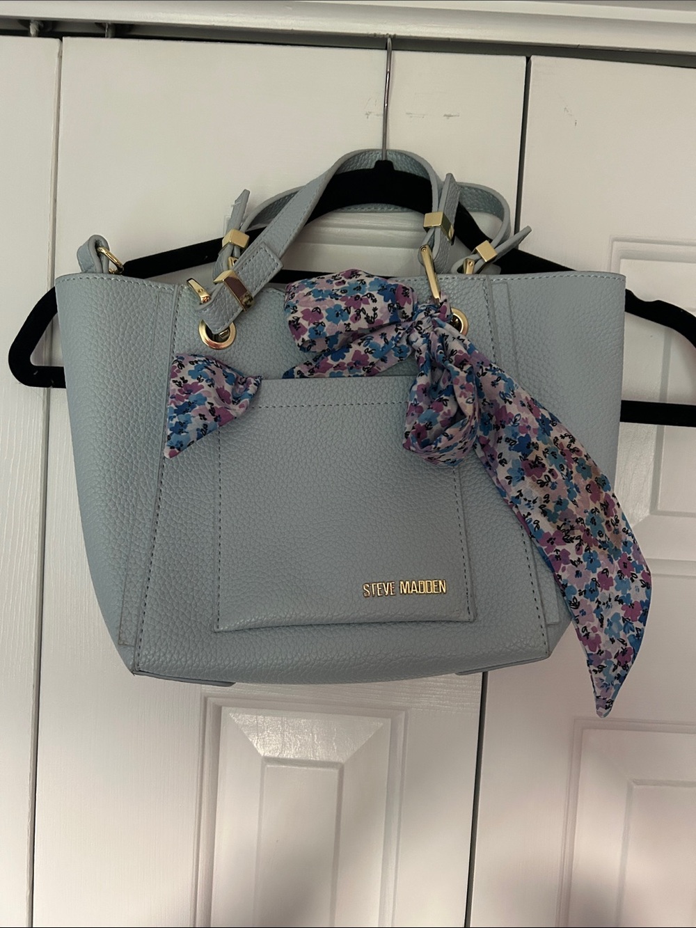 Steve Madden Pale Blue Pebbled Leather Tote with Floral Scarf Accent